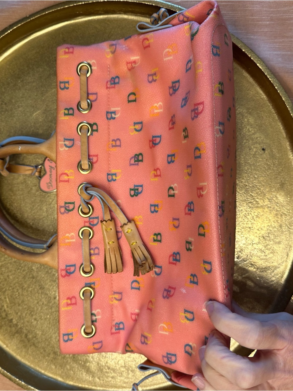 Dooney & Bourke Pink Signature Monogram Drawstring Satchel Y2K Vintage - Picture 2 of 12